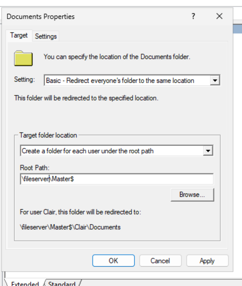 Group Policy folder redirection applied to a domain user